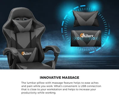 OCH-G-M2-BKGY Oikiture Gaming Chair Massage Racing Recliner Office PU Leather with Footrest