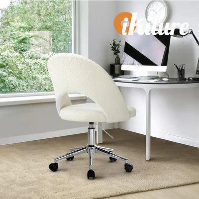 OCH-HOLLOWY-SP-SI Oikiture High Back Hollow Armless Home Office Chair Boucle White&Silver