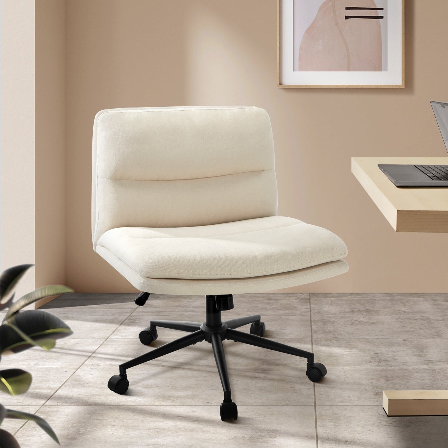 OCH-ROLCROSS-BG Oikiture Mid Back Armless Office Desk Chair Wide Seat Linen Beige with Wheels