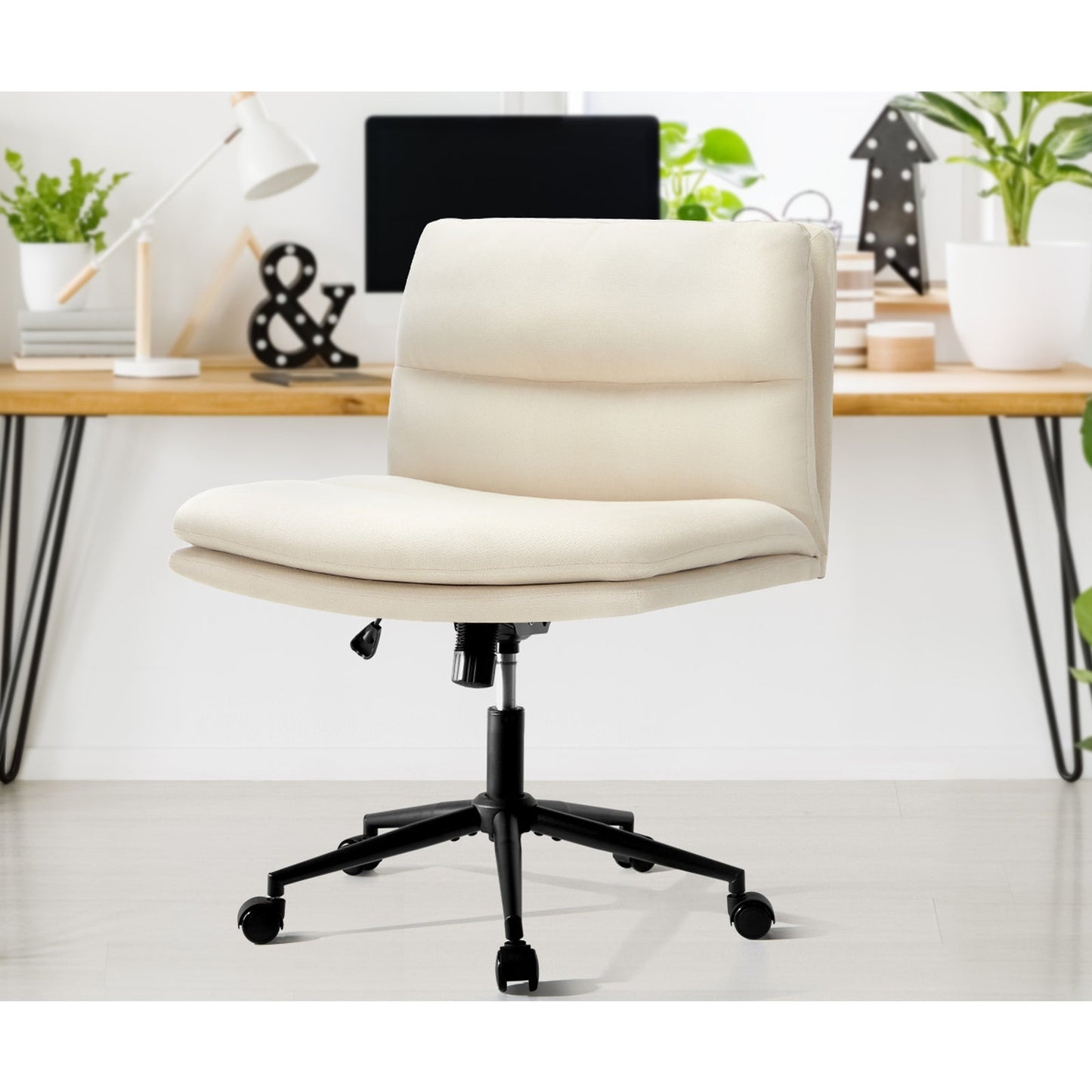 OCH-ROLCROSS-BG Oikiture Mid Back Armless Office Desk Chair Wide Seat Linen Beige with Wheels