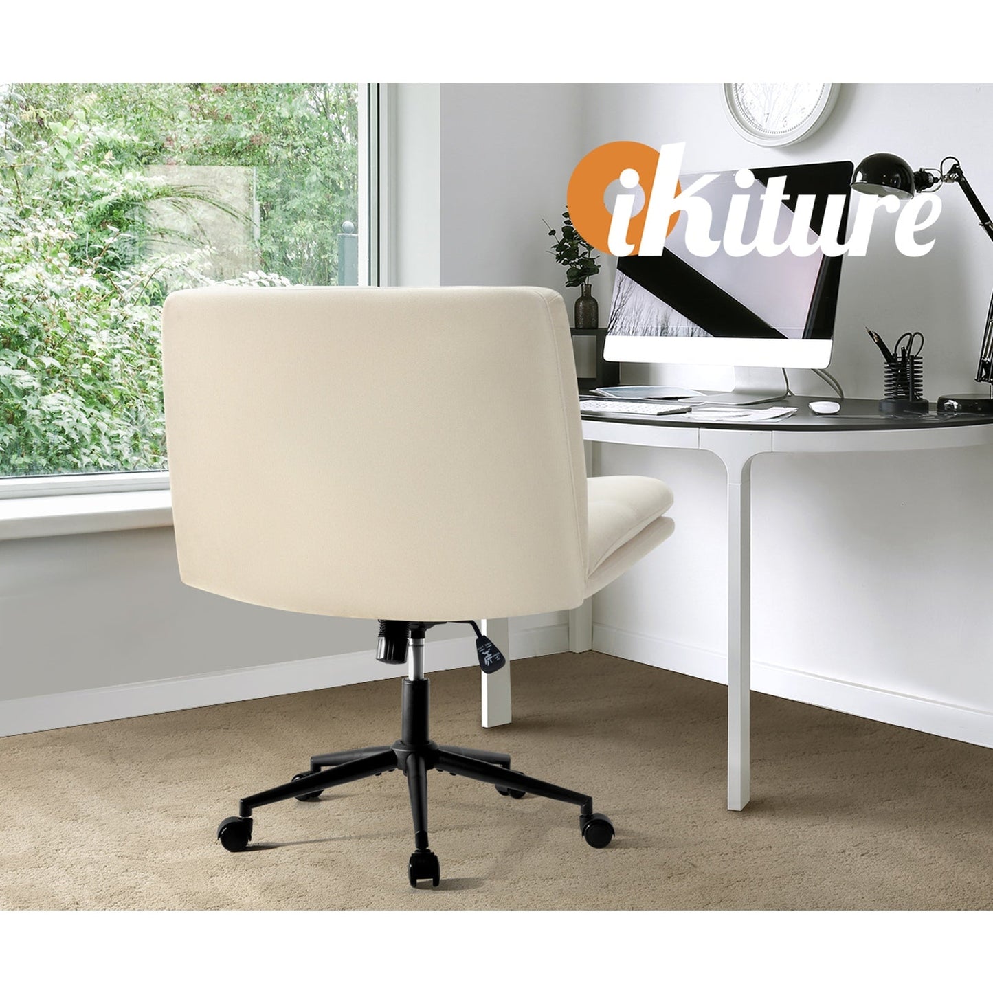OCH-ROLCROSS-BG Oikiture Mid Back Armless Office Desk Chair Wide Seat Linen Beige with Wheels