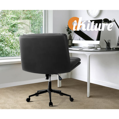 OCH-ROLCROSS-LEA-BK Oikiture Mid Back Armless Office Desk Chair Wide Seat Leather Black with Wheels