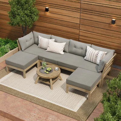 ODSS-WD-PAGSUM-GY-ABBC Livsip 7 Piece Outdoor Lounge Sofa Set Garden Furniture Dining Table Chairs Grey