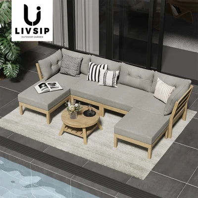 ODSS-WD-PAGSUM-GY-ABBC Livsip 7 Piece Outdoor Lounge Sofa Set Garden Furniture Dining Table Chairs Grey