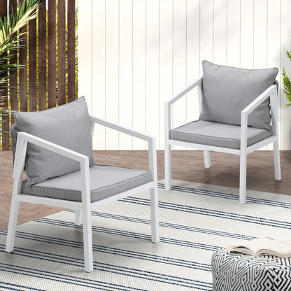 OPS-ACCOR-CH-WH-2PC Livsip 2x White Outdoor Furniture Chairs Set Steel Frame Padded Seat Garden Patio Lounge