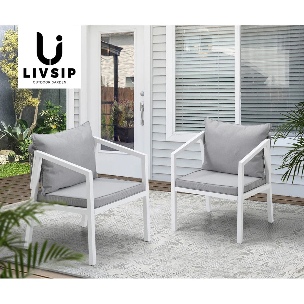 OPS-ACCOR-CH-WH-2PC Livsip 2x White Outdoor Furniture Chairs Set Steel Frame Padded Seat Garden Patio Lounge