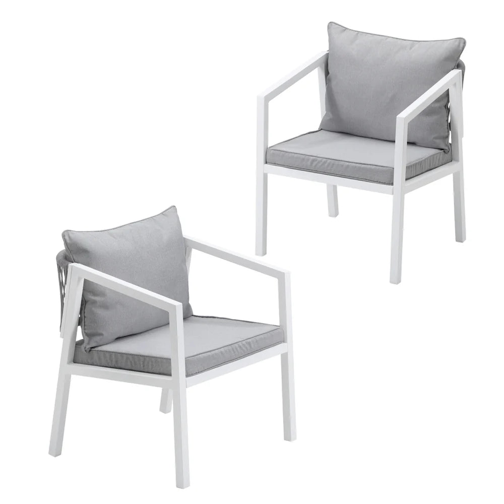 OPS-ACCOR-CH-WH-2PC Livsip 2x White Outdoor Furniture Chairs Set Steel Frame Padded Seat Garden Patio Lounge
