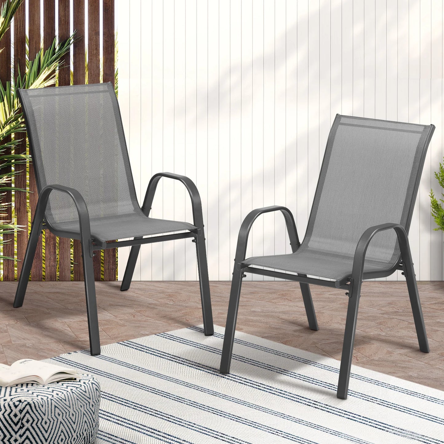 OPS-TXL-CH-GY-2PC 2PCS Outdoor Stackable Chairs Patio Furniture Lounge Chair Bistro Set Grey