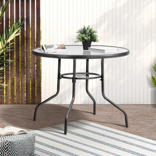 OPS-TXL-TB90-GY Livsip 90cm Outdoor Dining Glass Table Round Patio Furniture Bistro Set Grey