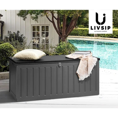 OSBO-490L-BKGY Livsip Outdoor Storage Box Bench 490L Cabinet Container Garden Deck Tool Grey