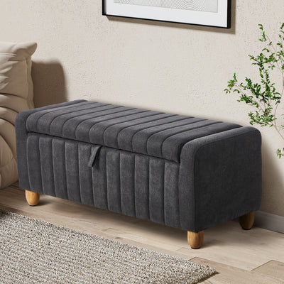 OTM-B-STRP-LIN-GY Oikiture Storage Ottoman Couch Footstool Linen Toy Chest Bench Blanket Box Grey