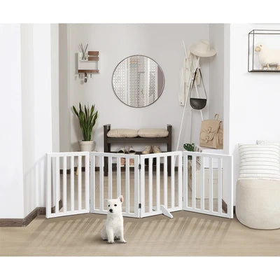 PET-FENCE-S4-WH Alopet Wooden Pet Gate Dog Fence Safety Stair Barrier Security Door 4 Panels