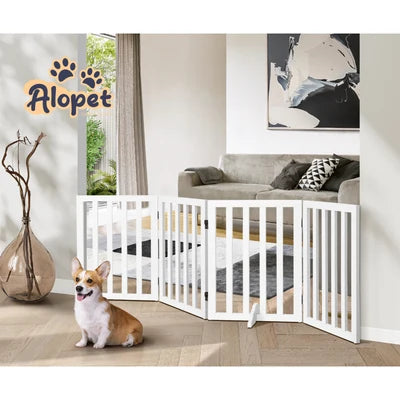 PET-FENCE-S4-WH Alopet Wooden Pet Gate Dog Fence Safety Stair Barrier Security Door 4 Panels