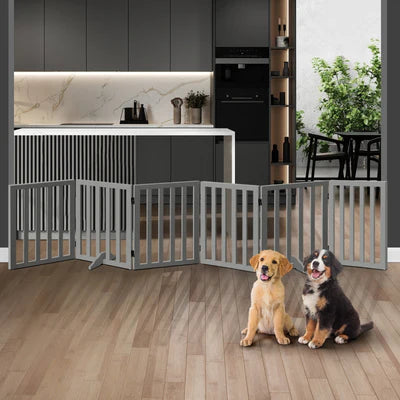 PET-FENCE-S6-GY Alopet Wooden Pet Gate Dog Fence Safety Stair Barrier Security Door 6-Panel Grey