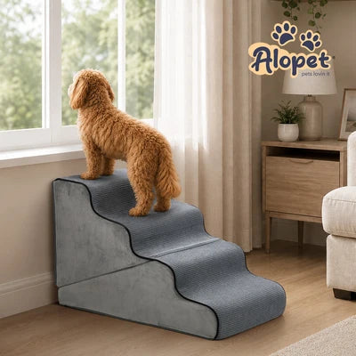PET-RAMP-FM-S4-GY Alopet Pet Ramp Foam Dog Cover Stairs Washable Ladder For Bed Sofa Car 4 Steps