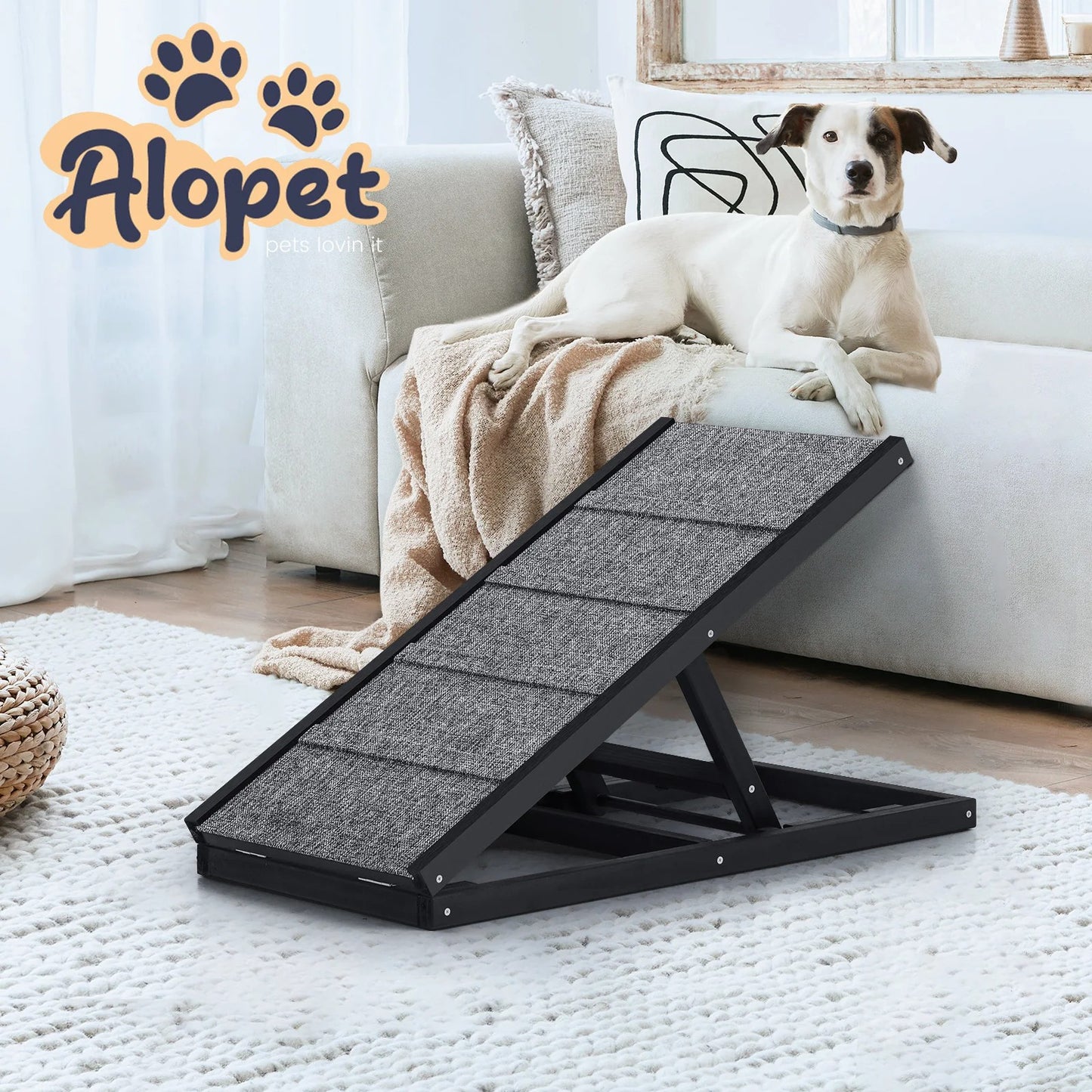 PET-RAMP-M-BK Alopet Dog Pet Ramp Adjustable Height Dogs Stairs Bed Sofa Car Foldable 70cm