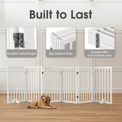 PET1014-6XL-WH Petzly Pet Gate Dog Fence Safety Barrier with Support Feet 6 Panel 80cm White