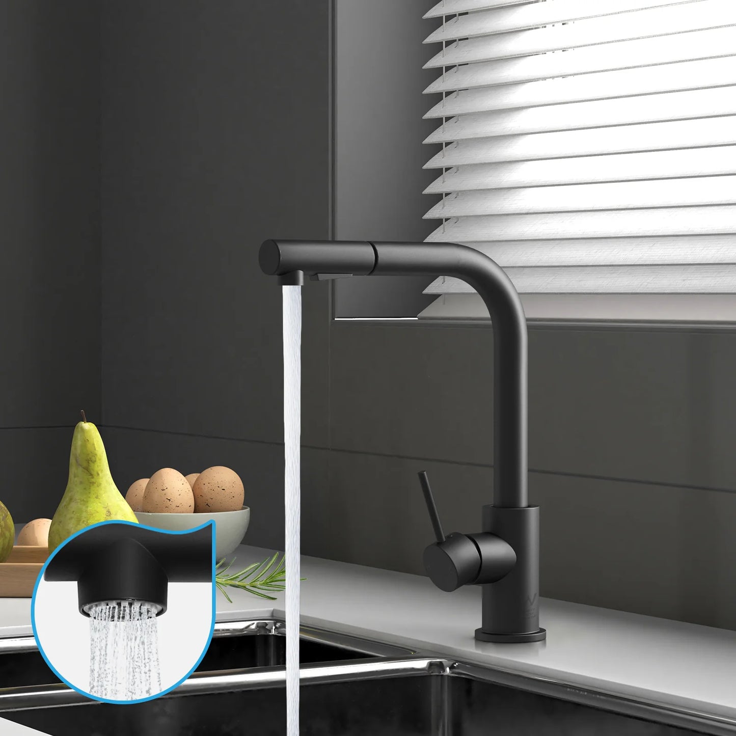 POKF-ST-314-BK Welba Pull Out Kitchen Tap Brass 2 Modes WELS Approved