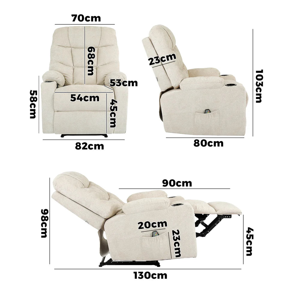 RCH-B3-PARI-BG-AB Oikiture Recliner Chair Electric Massage Chair Sofa Lounge Heated Polyester Beige
