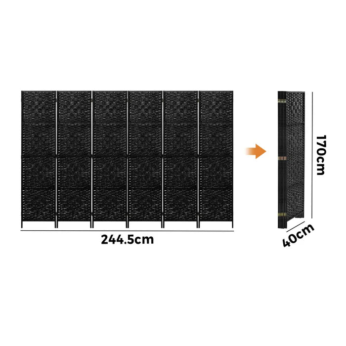 RD-PP-RTN-6P-BK Oikiture 6 Panel Room Divider Screen Privacy Dividers Woven Wood Folding Black