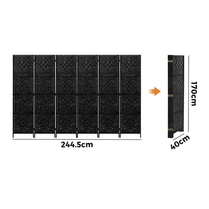RD-PP-RTN-6P-BK Oikiture 6 Panel Room Divider Screen Privacy Dividers Woven Wood Folding Black