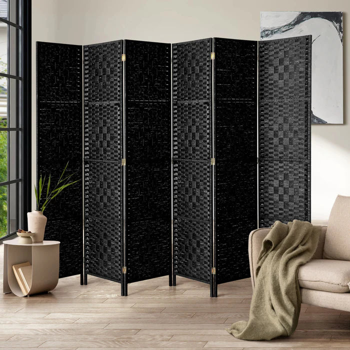 RD-PP-RTN-6P-BK Oikiture 6 Panel Room Divider Screen Privacy Dividers Woven Wood Folding Black