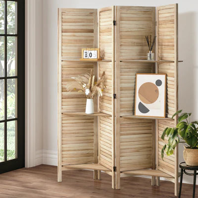 RD-SHELF-4P-WD Oikiture 4 Panel Room Divider Privacy Screen With Shelves Timber Wooden Natural