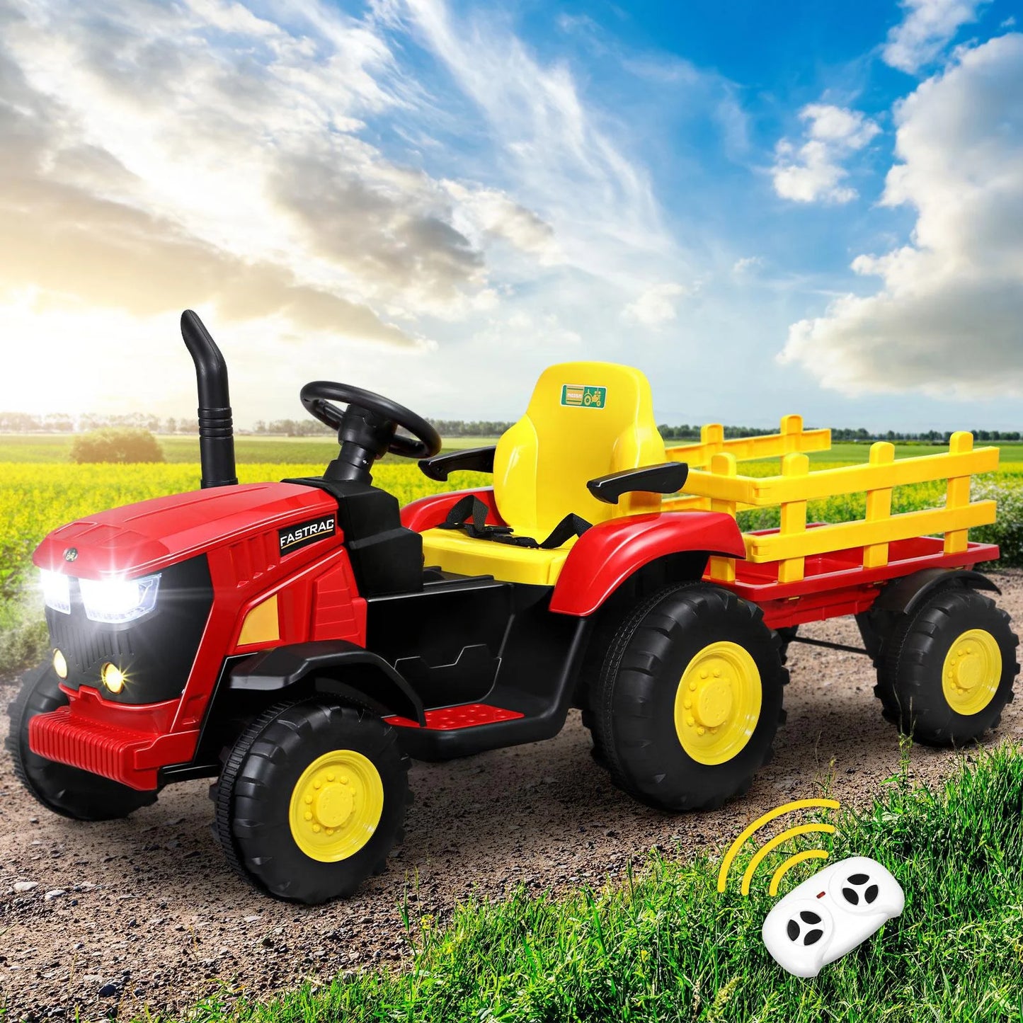 ROC-TRACTOR-XL-RD Mazam Kids Ride On Tractor Toy W/ Trailer Remote Battery Electric Operated Car