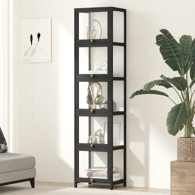 SB-DISPLAY-540-BK Oikiture Display Cabinet Slim Storage 5-Tier Shelves Clear Bookcase Rack Black