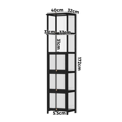 SB-DISPLAY-540-BK Oikiture Display Cabinet Slim Storage 5-Tier Shelves Clear Bookcase Rack Black