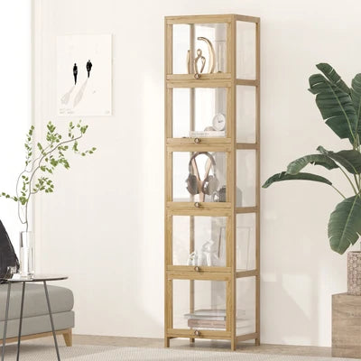 SB-DISPLAY-540-WD Oikiture Display Cabinet Slim Storage 5-Tier Shelves Clear Bookcase Rack Oak