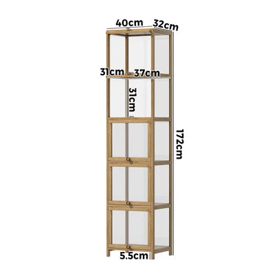 SB-DISPLAY-540-WD Oikiture Display Cabinet Slim Storage 5-Tier Shelves Clear Bookcase Rack Oak