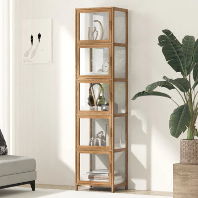 SB-DISPLAY-54SD-BR Oikiture Display Cabinet 5-Tier Slim Storage Shelves Clear Bookcase Rack Brown