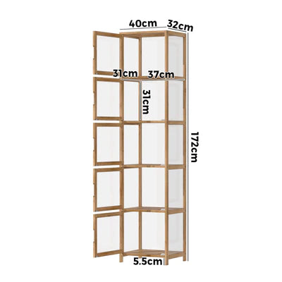 SB-DISPLAY-54SD-BR Oikiture Display Cabinet 5-Tier Slim Storage Shelves Clear Bookcase Rack Brown