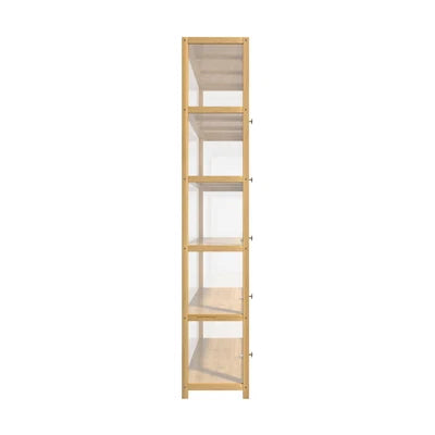 SB-DISPLAY-580-WD Oikiture Display Cabinet Storage 5-Tier Shelves Clear Bookcase Stand Rack Oak