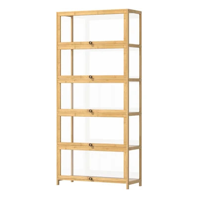 SB-DISPLAY-580-WD Oikiture Display Cabinet Storage 5-Tier Shelves Clear Bookcase Stand Rack Oak