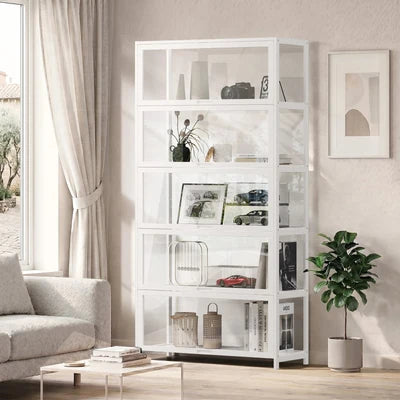 SB-DISPLAY-590-WH Oikiture Display Cabinet Storage 5-Tier Shelves Tall Clear Bookcase Rack White