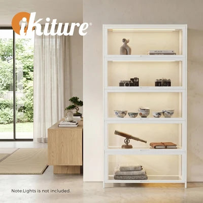 SB-DISPLAY-590-WH Oikiture Display Cabinet Storage 5-Tier Shelves Tall Clear Bookcase Rack White