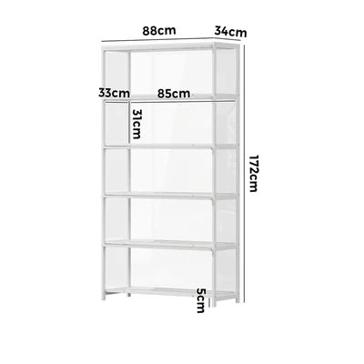 SB-DISPLAY-590-WH Oikiture Display Cabinet Storage 5-Tier Shelves Tall Clear Bookcase Rack White