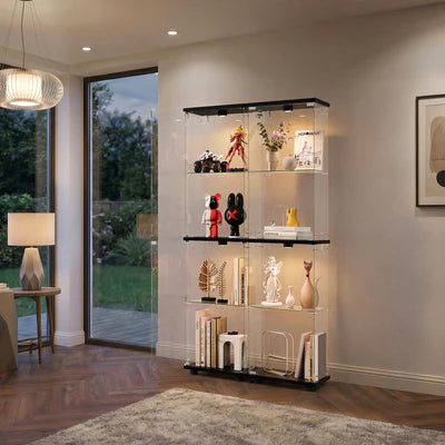 SB-EC1642-4T-BK-AB Oikiture Glass Display Cabinet 4-Tier LED Light Bookcase Clear Showcase Black