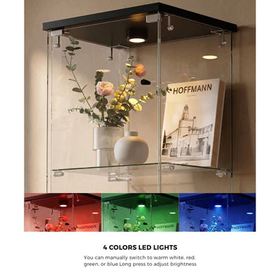 SB-EC1642-4T-BK-AB Oikiture Glass Display Cabinet 4-Tier LED Light Bookcase Clear Showcase Black
