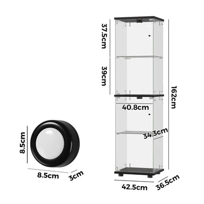SB-EC1642-4T-BK-AB Oikiture Glass Display Cabinet 4-Tier LED Light Bookcase Clear Showcase Black