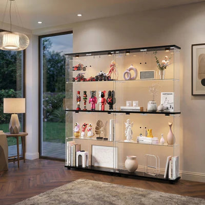 SB-EC1681-4T-BK-ABC Oikiture Glass Display Cabinet 4-Tier LED Light Bookcase With 2 Doors Black