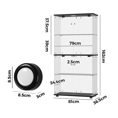 SB-EC1681-4T-BK-ABC Oikiture Glass Display Cabinet 4-Tier LED Light Bookcase With 2 Doors Black