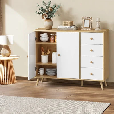 SB-LISA-D2-WHWD Oikiture Buffet Sideboard Cabinet 4 Drawers Storage Cupboard Hallway Table