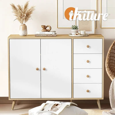 SB-LISA-D2-WHWD Oikiture Buffet Sideboard Cabinet 4 Drawers Storage Cupboard Hallway Table
