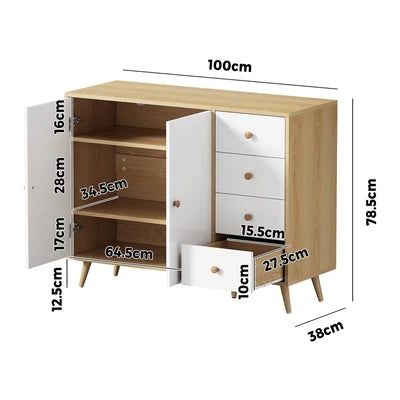SB-LISA-D2-WHWD Oikiture Buffet Sideboard Cabinet 4 Drawers Storage Cupboard Hallway Table