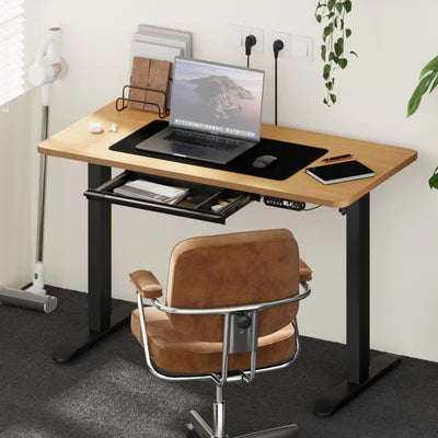 SD-LEG-120M-BK+DB-SLIM-12-OAK+DB-DRAW-PLS-BK Oikiture 120CM Electric Standing Desk with Drawer Height Adjustable Black & Oak