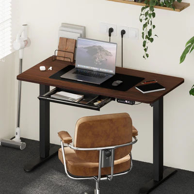 SD-LEG-140M-BK+DB-SLIM-14-WN+DB-DRAW-PLS-BK Oikiture 140cm Electric Standing Desk With Drawer Adjustable Office Table Black