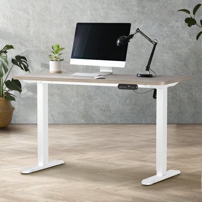 SD-LEG-140M-WH+DB-SLIM-14-GYOAK Oikiture Electric Standing Desk Single Motor White Frame 140CM Tabletop